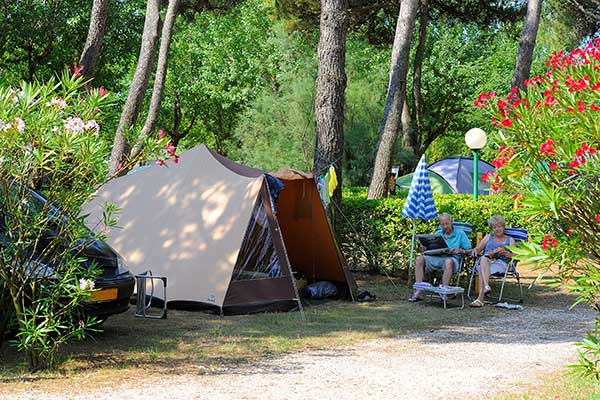Piazzola con tenda con tavolo e sedie e posto auto